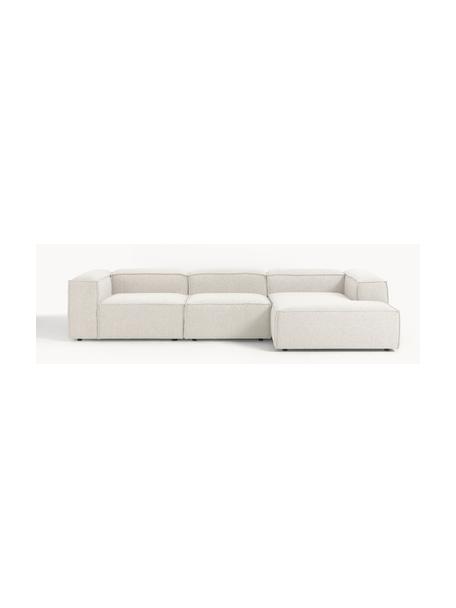 Divano angolare componibile in bouclé Lennon, Rivestimento: bouclé (100% poliestere) , Struttura: legno di pino massiccio, , Piedini: plastica Questo prodotto , Bouclè bianco latte, Larg. 327 x Prof. 180 cm, chaise longue a destra