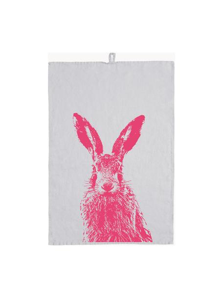 Leinen-Geschirrtuch Hare, handsiebbedruckt, 100 % Leinen, Hellgrau, Pink, B 50 x L 70 cm