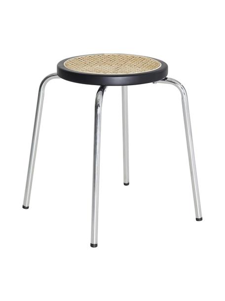 Ronde kruk Ibiza, Zitvlak: rotan, Rand: berkenhout, Frame: verchroomd metaal, Beige, zwart, chroomkleurig, Ø 35 x H 44 cm