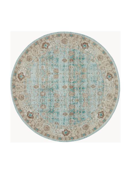 Ručně tkaný kulatý žinylkový vintage koberec Rimini, Tyrkysová zelená, béžová, hnědá, Ø 150 cm (velikost M)
