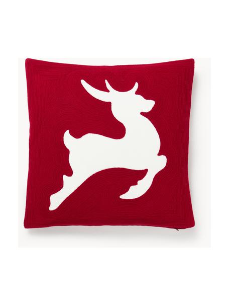 Bestickte Kissenhülle Elysia mit Hirsch-Motiv, Hülle: 100 % Baumwolle, Rot, Weiss, B 50 x L 50 cm