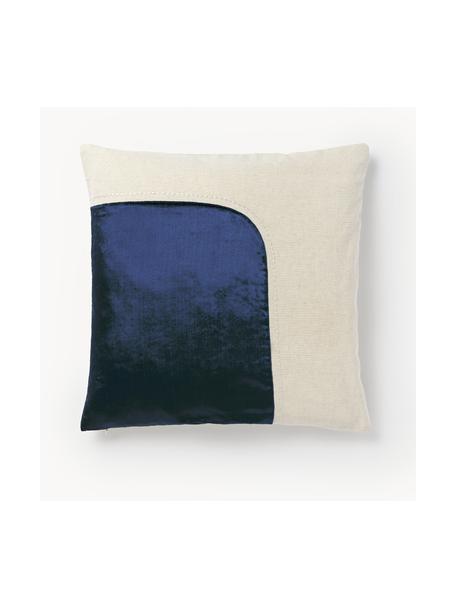 Copricuscino ricamato con decoro in velluto Farah, Retro: misto cotone (70% cotone,, Blu scuro, beige, Larg. 45 x Lung. 45 cm
