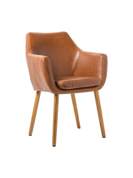 Chaise cuir synthétique pieds en bois Nora, Cuir synthétique cognac, bois de chêne laqué, larg. 56 x prof. 55 cm