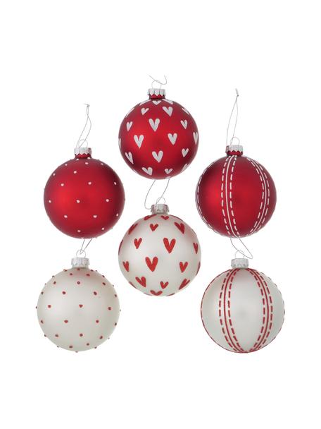 Handgefertigtes Weihnachtskugeln-Set Herzilein, 12-tlg., Rot, Weiß, Silberfarben, Ø 8 cm