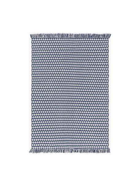 Tapis d'extérieur à franges Morty, 100 % polyester (PET recyclé), Bleu foncé, blanc cassé, larg. 160 x long. 230 cm (taille M)