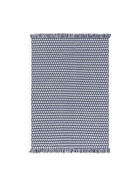 Vnitřní a venkovní koberec s etno vzorem a třásněmi  Morty, 100 % polyester (recyklovaný PET), Tmavě modrá, světle bílá, Š 80 cm, D 150 cm (velikost XS)