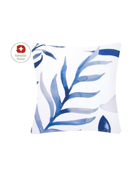 Baumwollperkal-Kissenbezug Francine mit Blatt-Muster, 65 x 65 cm, Webart: Perkal Fadendichte 180 TC, Weiss, Blau, B 65 x L 65 cm
