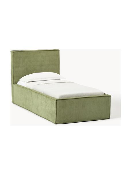 Manšestrová jednolůžková postel s úložným prostorem Dream, Olivově zelená, Š 90 cm, D 200 cm