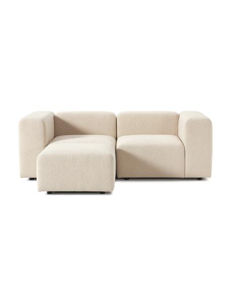 Divano componibile 3 posti in bouclé con poggiapiedi Lena, Rivestimento: bouclé (93% poliestere, 6, Rivestimento: cuscino in schiuma con an, Struttura: legno di pino, compensato, Piedini: plastica, Bouclé beige, Larg. 209 x Prof. 181 cm