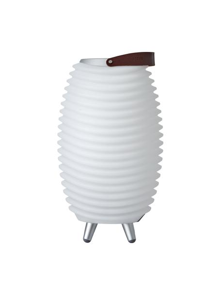 Lámpara cubitera regulable LED para exterior Synergy S, con altavoz, Pantalla: plástico, Asa: cuero, Blanco, marrón, Ø 24 x Al 41 cm