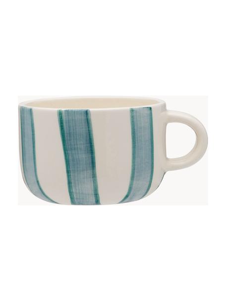 Handbemalte Tasse Powder Striped, Steingut, Off White, Türkisgrün, Graublau, Ø 10 x H 7 cm, 300 ml