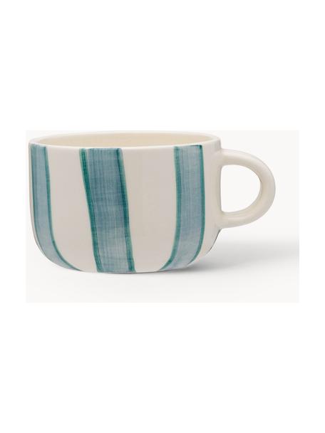 Handbemalte Tasse Powder Striped, Steingut, Off White, Türkisgrün, Graublau, Ø 10 x H 7 cm, 300 ml