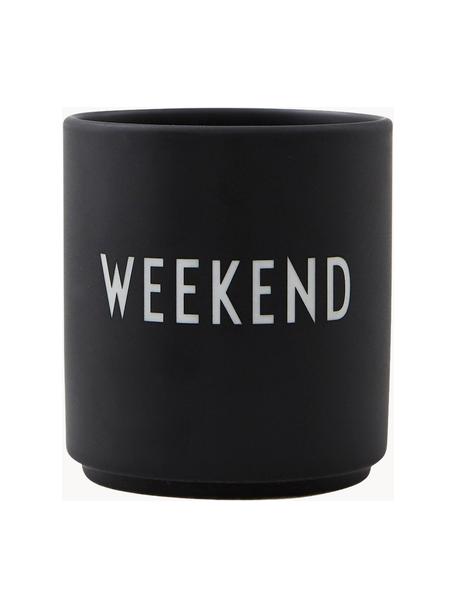 Dizajnérsky hrnček s nápisom Favourite WEEKEND, Čínsky porcelán
Mäkký porcelán, ktorý sa vyznačuje predovšetkým žiarivým, priehľadným leskom, Čierna (Weekend), Ø 8 x V 9 cm, 250 ml