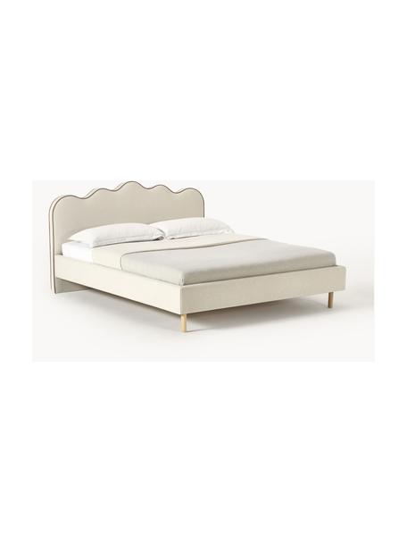 Cama tapizada Romy, con cabecero, Tapizado: 100% poliéster Alta resis, Estructura: madera de pino maciza, MD, Patas: madera de roble maciza Es, Off White, madera de roble, An 200 x L 200 cm