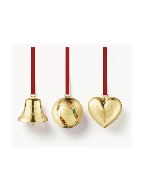 Set di 3 addobbi albero di Natale con due nastri CC, Ottone placcato in oro 18 carati, Oro, Larg. 5 x Alt. 6 cm