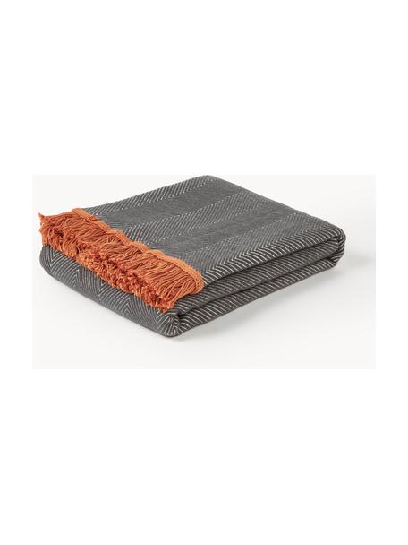 Coperta con motivo a spina di pesce Agatha, 80% cotone, 20% acrilico, Grigio scuro, terracotta, Larg. 120 x Lung. 180 cm