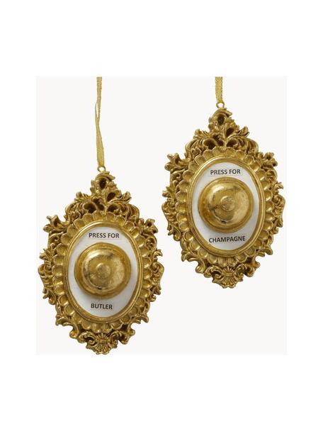 Handgemaakte kerstboomhangs Bel, set van 2, Kunsthars, Goudkleurig, wit, B 7 cm x H 10 cm