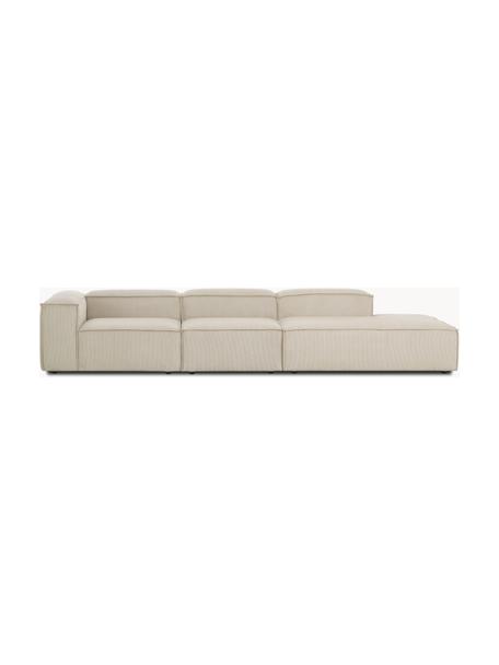 Chaise longue XL componibile in velluto a coste Lennon, Rivestimento: velluto a coste (92% poli, Struttura: legno di pino massiccio, , Piedini: plastica I piedini si tro, Velluto a coste beige chiaro, Larg. 357 x Prof. 119 cm, schienale a sinistra