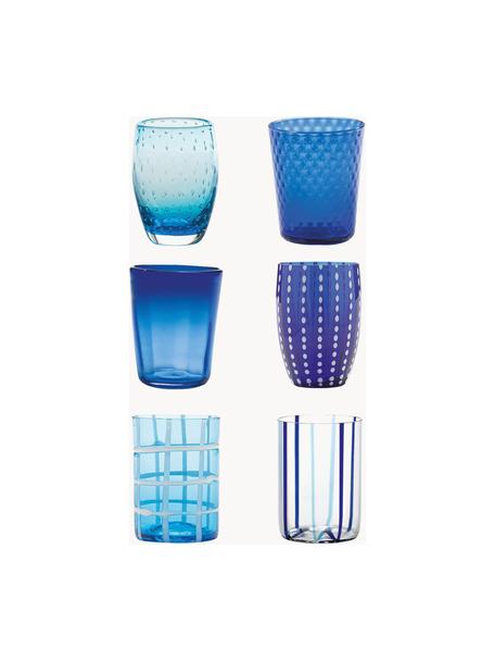 Handgefertigte Wassergläser Melting, 6er-Set, Glas, Blautöne, transparent, Set mit verschiedenen Größen