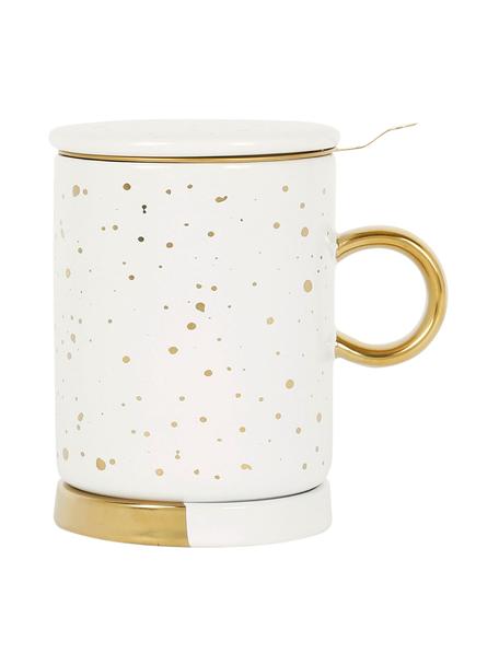 Tasse à thé avec passoire, couvercle et sous-tasse Astre, Grès cérame, Blanc, couleur dorée, Ø 9 x haut. 12 cm, 350 ml