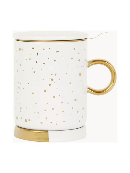 Tasse à thé avec passoire, couvercle et sous-tasse Astre, Grès cérame, Blanc, doré, Ø 9 x haut. 12 cm, 350 ml