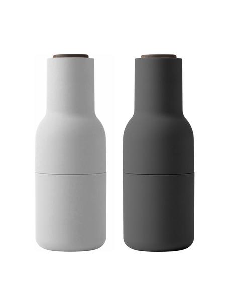 Design zout- & pepermolen Bottle Grinder met walnoothouten deksel, set van 2, Frame: kunststof, Deksel: walnoothout, Antraciet, lichtgrijs, walnoothout, Ø 8 x H 21 cm