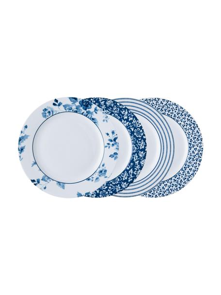 Súprava raňajkových tanierov s modrým vzorom Candy Rose, 4 dielov, Fine Bone China, Biela, modrá, Ø 23 cm