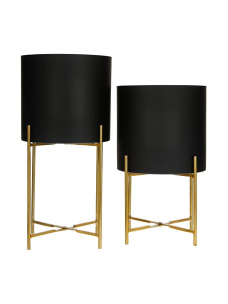 Set de maceteros de metal Mina, 2 uds., Metal con pintura en polvo, Negro, dorado, Set de diferentes tamaños