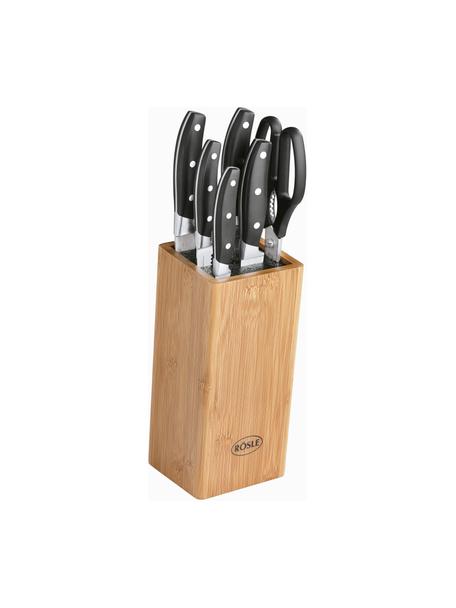 Komplet noży w bloku Cuisine, 7 elem., Odcienie srebrnego, czarny, jasne drewno naturalne, Komplet z różnymi rozmiarami