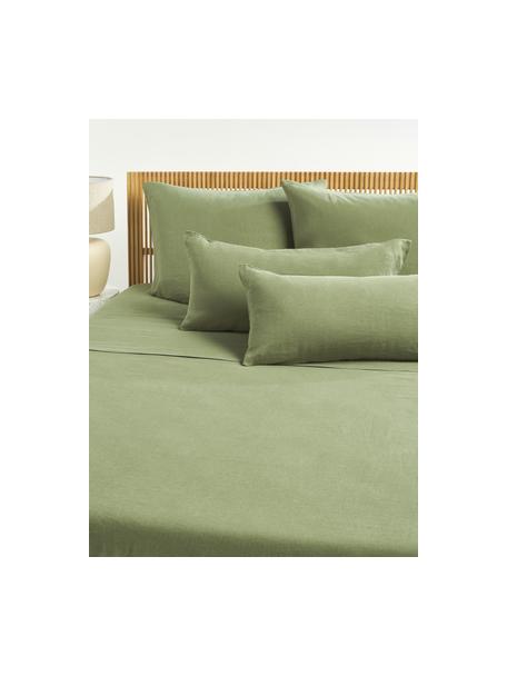 Drap plat en lin délavé Airy, Vert olive, larg. 180 x long. 280 cm