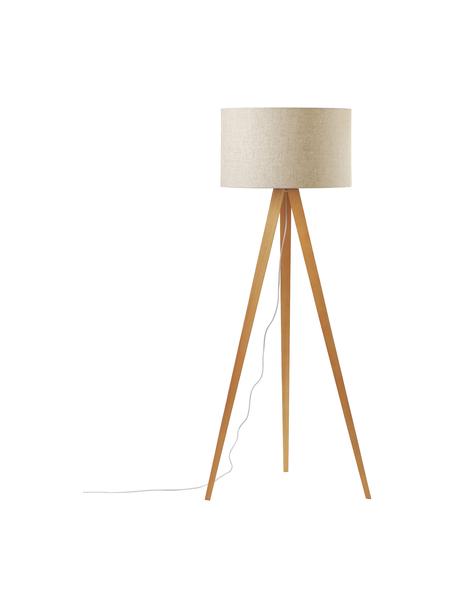 Lámpara de pie trípode de madera maciza Jake, estilo escandinavo, Pantalla: lino, Cable: plástico, Crema, beige, Ø 60 x Al 150 cm