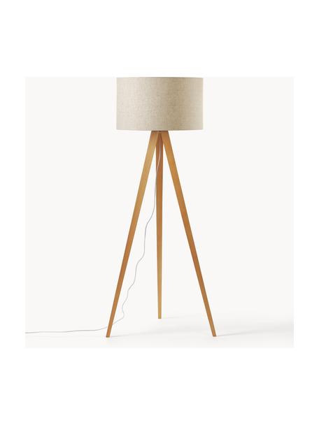 Lampada treppiede da terra scandi in legno massiccio Jake, Paralume: lino, Gambe: legno di frassino, Beige chiaro, marrone chiaro, Alt. 150 cm