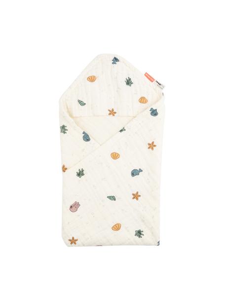 Serviette bébé coton bio avec capuche Sea, 100 % coton bio, certifié GOTS, Ecru, multicolore, larg. 70 x long. 70 cm