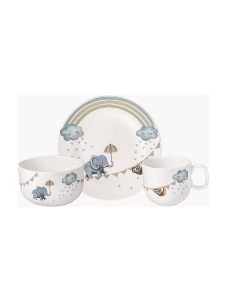 Kinderserviesset Walk like an Elephant van porselein, 3-delig, Premium porselein, Wit, blauw- en groentinten, Set met verschillende formaten