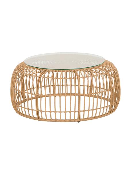 Tavolino rotondo con piano in vetro Costa, Struttura: intreccio in polietilene, Marrone chiaro, Ø 85 x Alt. 42 cm