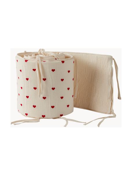 Chichonera cuna de muselina Hearts Mini, Funda: muselina (100% algodón) L, Blanco crema, rojo, An 30 x L 360 cm