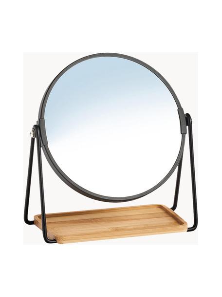 Ronde make-up spiegel Nora met plank en vergroting, Lijst: gecoat metaal, Plank: bamboe, Zwart, lichtbruin, Ø 18 x H 21 cm