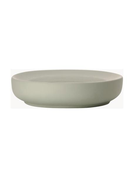 Porte-savon à surface veloutée Ume, Grès cérame recouvert d'une surface Soft-touch (plastique), Vert olive, Ø 12 x haut. 3 cm