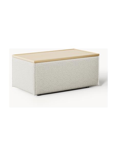 Sofa-Hocker Lennon aus Bouclé mit Stauraum, Bezug: Bouclé (80 % Polyester, 2, Tablett: Eichenholz, Spannplatte m, Gestell: Spanplatte, mitteldichte , Füße: Kunststoff Dieses Produkt, Bouclé Off White, helles Eichenholz, B 88 x T 50 cm