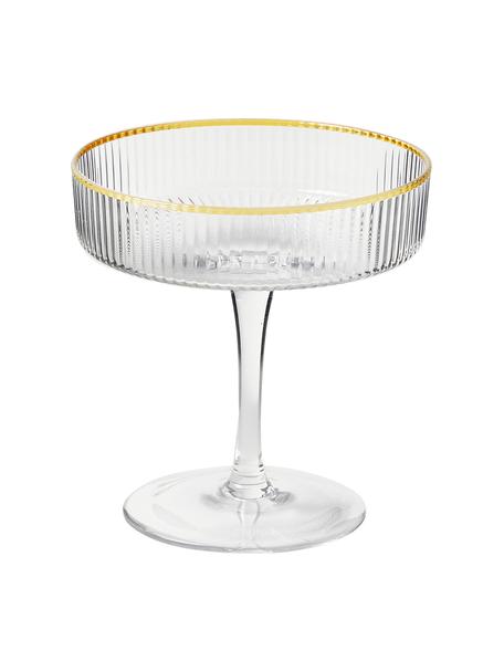 Ručně vyrobené sklenice na šampaňské s rýhovaným reliéfem a zlatým okrajem Minna, 4 ks, Foukané sklo, Transparentní, zlatá, Ø 11 cm, V 11 cm