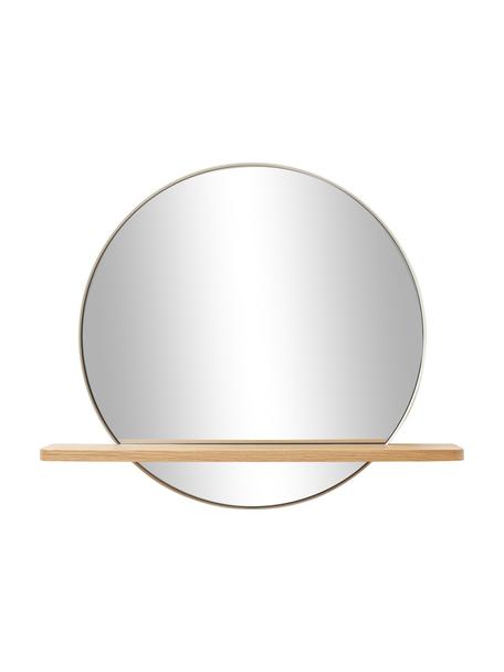 Espejo de pared redondo de metal Aaron, con estante de madera, Estante: tablero de fibras de dens, Espejo: cristal, Beige, chapa de roble, An 70 x Al 60 cm