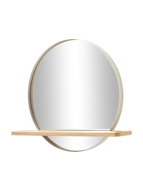 Espejo de pared redondo de metal Kenny, con estante de madera, Estante: tablero de fibras de dens, Espejo: cristal, Beige, chapa de roble, An 70 x Al 60 cm