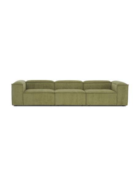 Sofa modułowa ze sztruksu Lennon (4-osobowa), Tapicerka: sztruks (92% poliester, 8, Stelaż: lite drewno sosnowe z cer, Nogi: tworzywo sztuczne Materia, Zielony sztruks, S 327 x G 119 cm