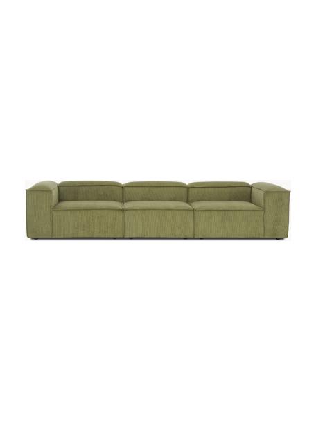 Modulares Sofa Lennon (4-Sitzer) aus Cord, Bezug: Cord (92 % Polyester, 8 %, Gestell: Massives Kiefernholz, Spe, Füße: Kunststoffx Dieses Produk, Cord Olivgrün, B 327 x T 119 cm