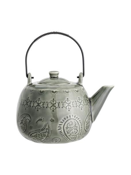 Handgemachte Teekanne Rani mit Craquelé Glasur und Teesieb, Kanne: Steingut, Griff: Metall, lackiert, Grün, 1 L
