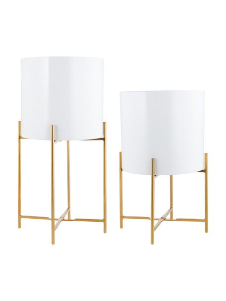 Set de maceteros de metal Mina, 2 uds., Metal con pintura en polvo, Blanco, dorado, Set de diferentes tamaños