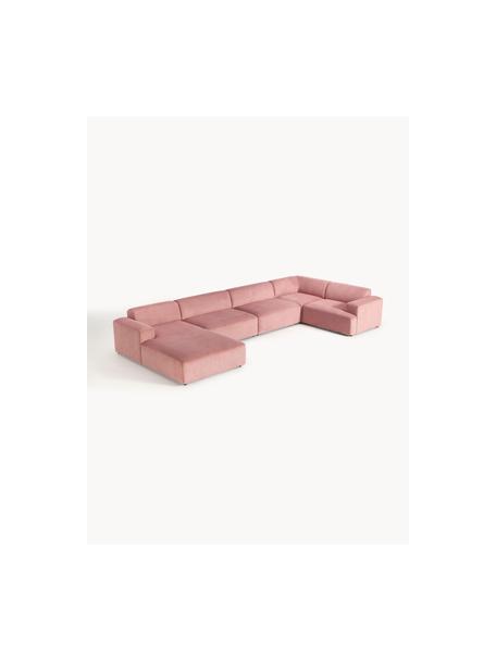 Divano angolare XL in velluto a coste Melva, Rivestimento: velluto a coste (92% poli, Struttura: legno massiccio di pino, , Piedini: plastica Questo prodotto , Velluto a coste rosa antico, Larg. 458 x Prof. 220 cm, chaise-longue a destra