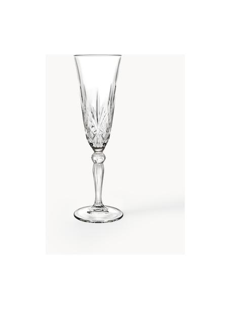 Copas flauta de champán de cristal con relieve Melodia, 6 uds., Cristal 

¡Trae el brillo del cristal a tu mesa de comedor! El cristal es excepcionalmente transparente y pesado, lo que significa que se siente valioso y al mismo tiempo tiene un buen aspecto. Además, los delicados cortes hacen de cada pieza un detalle especial, práctico y bonito., Transparente, Ø 7 x Al 22 cm, 160 ml