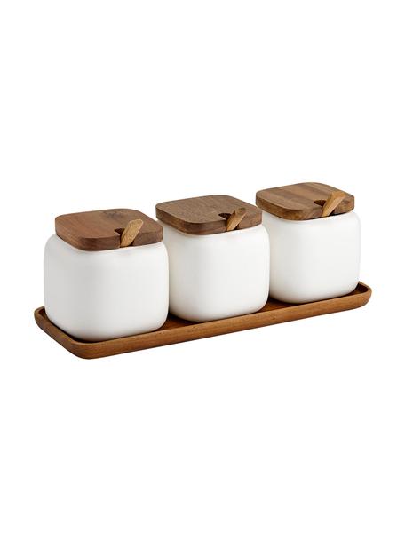 Súprava úložných dóz z porcelánu a akáciového dreva Essentials, 7 dielov, Biela, akáciové drevo, Súprava s rôznymi veľkosťami