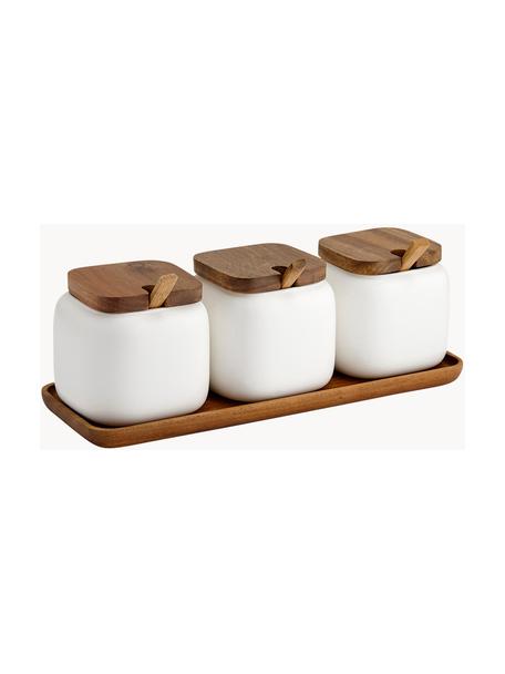 Pots en porcelaine avec accessoires en bois d'acacia Essentials, 7 élém., Blanc, bois d'acacia, Lot de différentes tailles